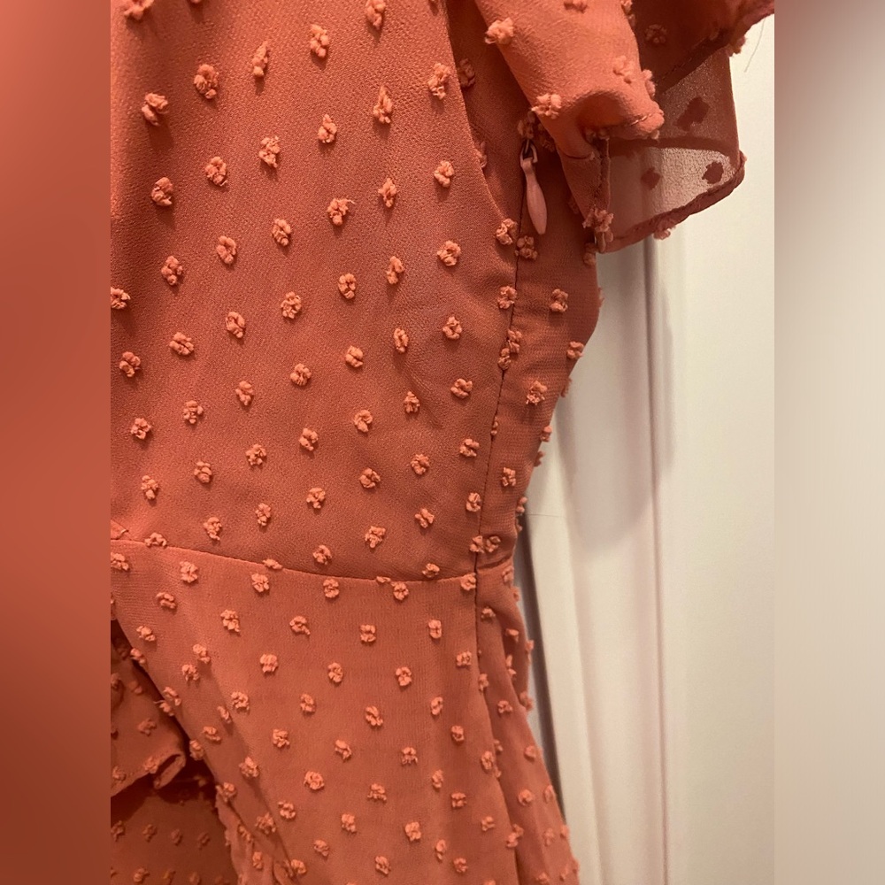 Lulus pink/coral ruffle a-line midi dress in large - Picture 6 of 7